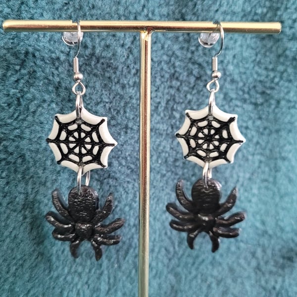 Polymer Clay Halloween Spider and Web Earrings, 316 Surgical Stainless Steel