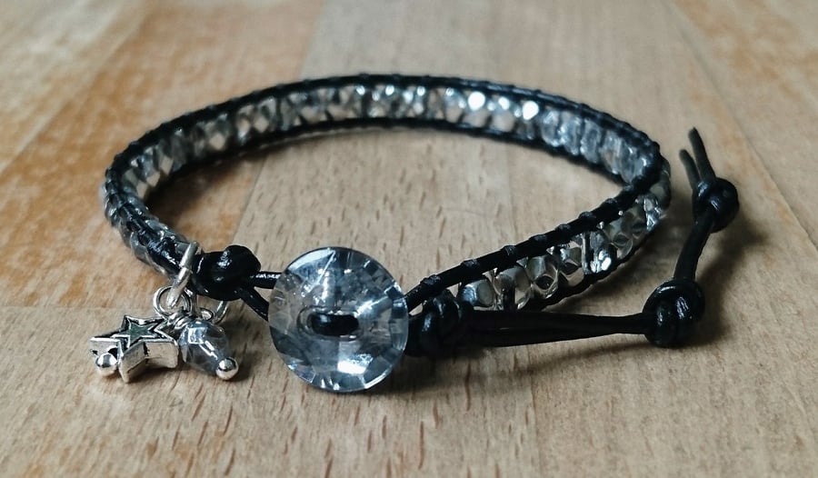 Black leather and silver glass bead delicate bracelet