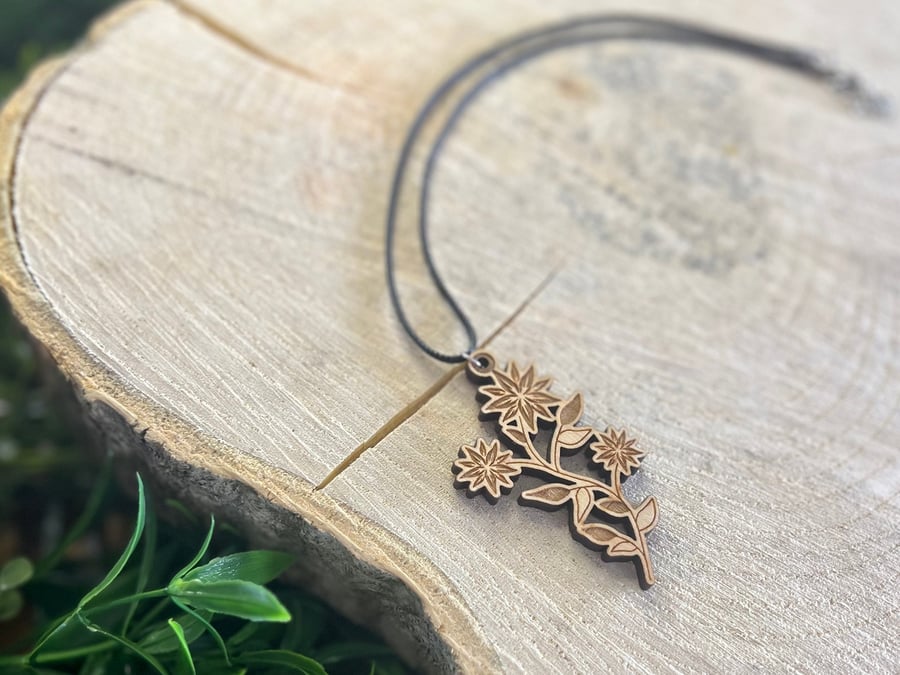 Wooden Long Flower Necklace - laser cut, flower jewellery, gift for plant lovers