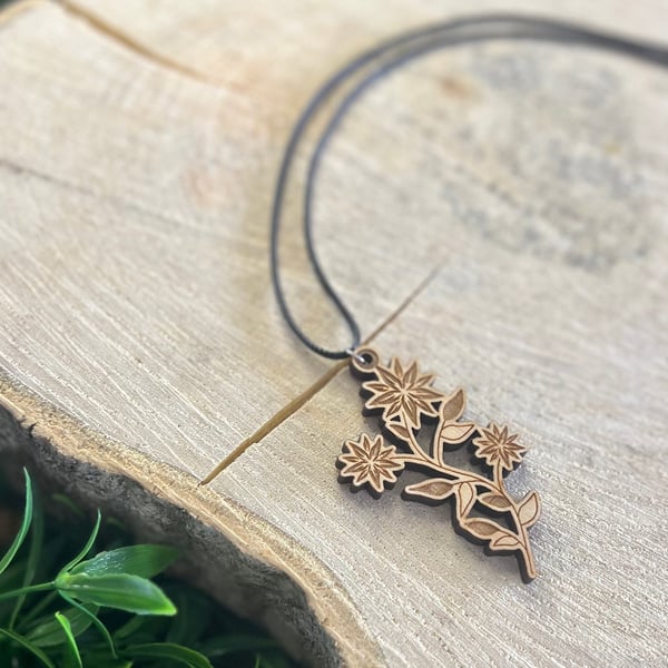 Wooden Long Flower Necklace - laser cut, flower jewellery, gift for plant lovers