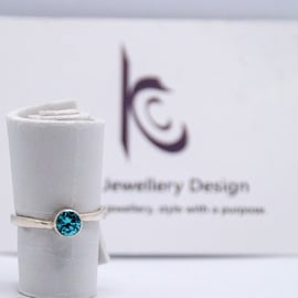 Handmade Eco silver  Aqua blue cubic zirconia solitaire ring