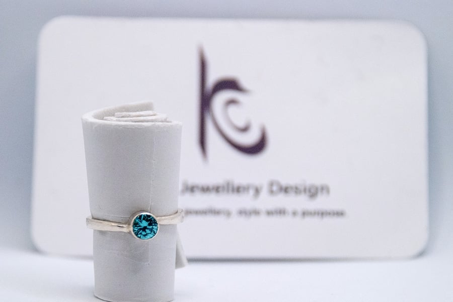Handmade Eco silver  Aqua blue cubic zirconia solitaire ring