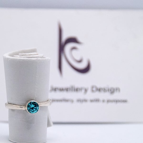 Handmade Eco silver  Aqua blue cubic zirconia solitaire ring