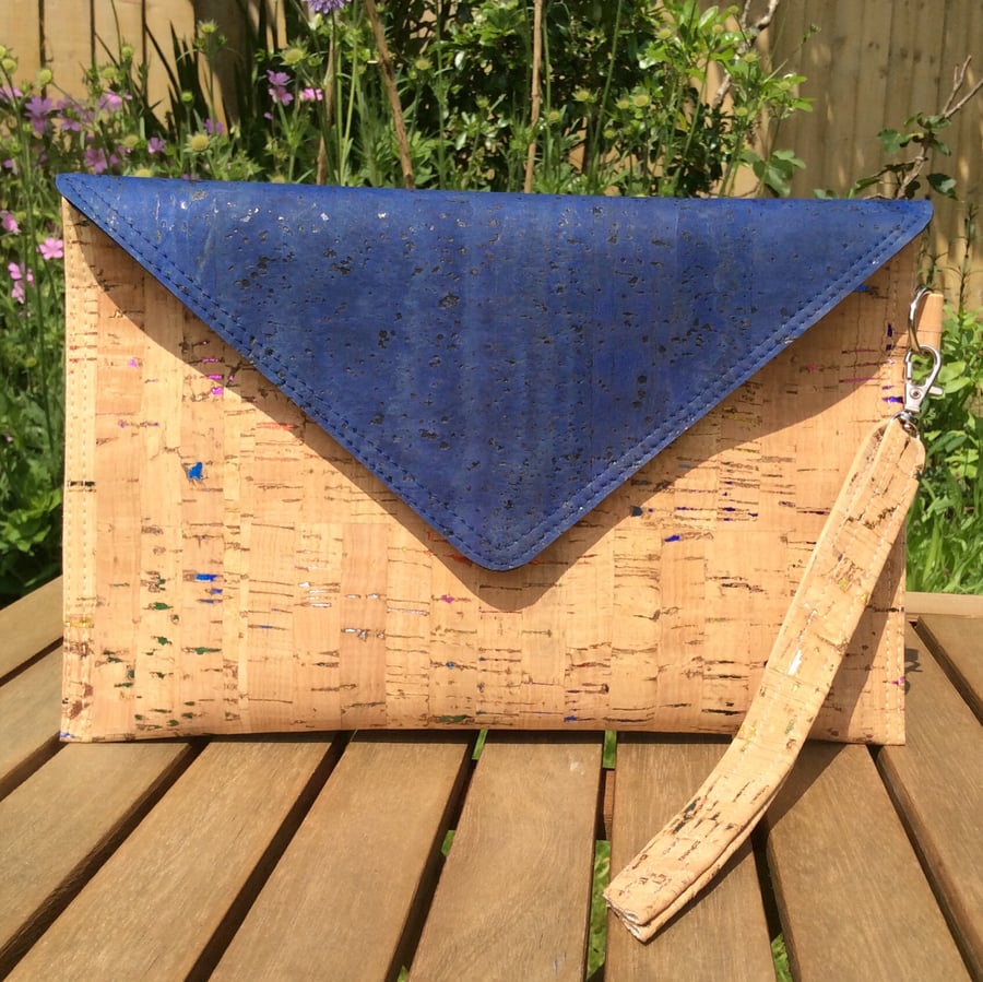 Clutch bag, cork fabric, navy and natural 