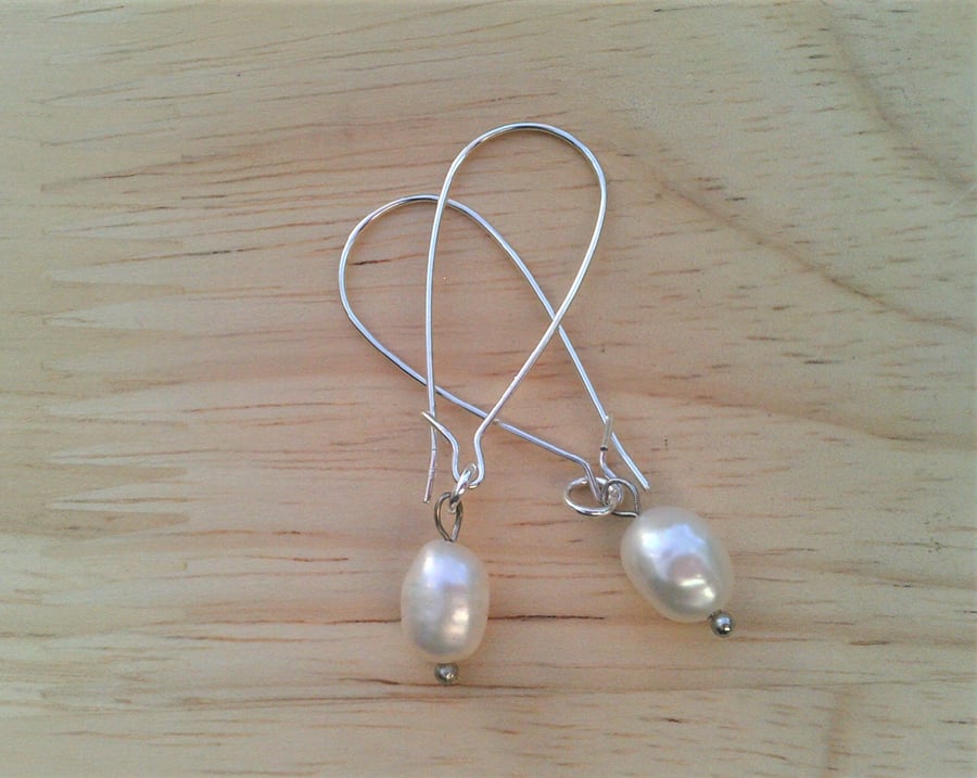 Simple Freshwater White Pearl Dangle Earrings, Every Day Baroque Pearls