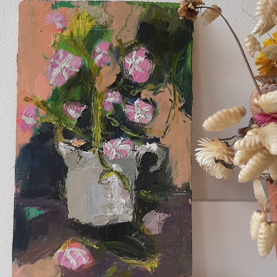 Pink flowers in jug. contemporary still life painting 