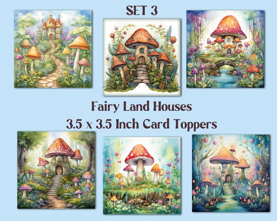 Fairyland Mushroom Houses  Square Card Toppers for Card Making, Tags, Scrapbooks