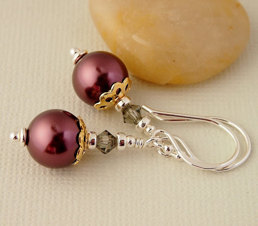 Burgundy Red Pearl Earrings - Sterling Silver