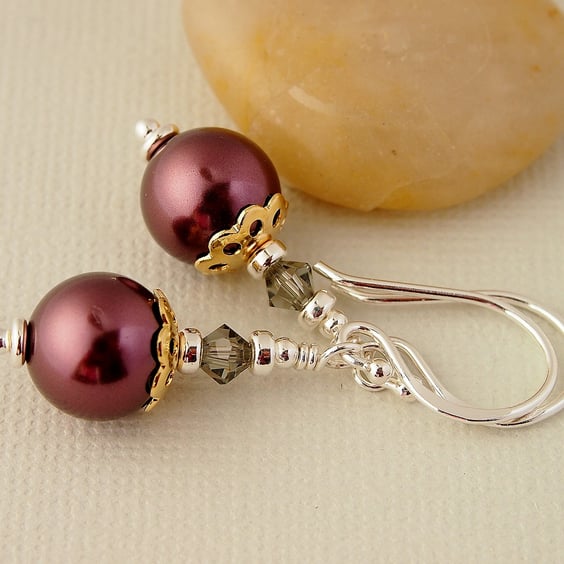 Burgundy Red Pearl Earrings - Sterling Silver