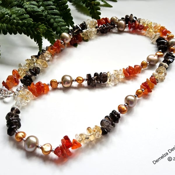 Mexican Fire Opal, Smokey Quartz, Citrine, Pearls, Sterling Silver Necklace 