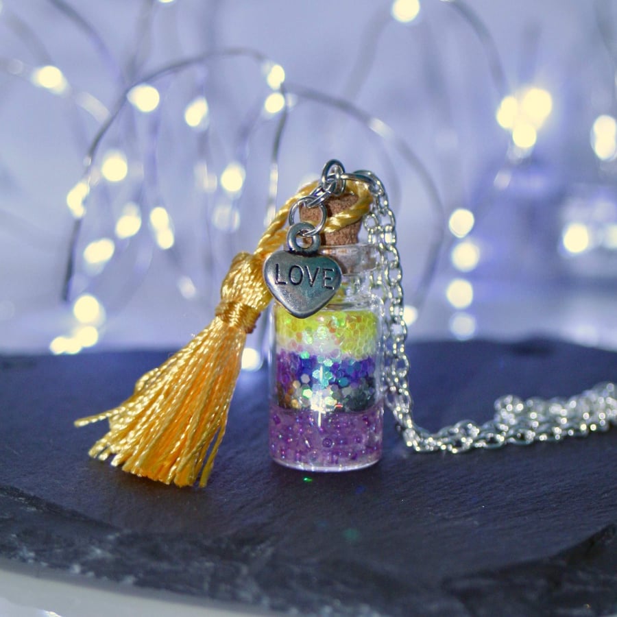 Yellow tassel glitter glass bottle pendant