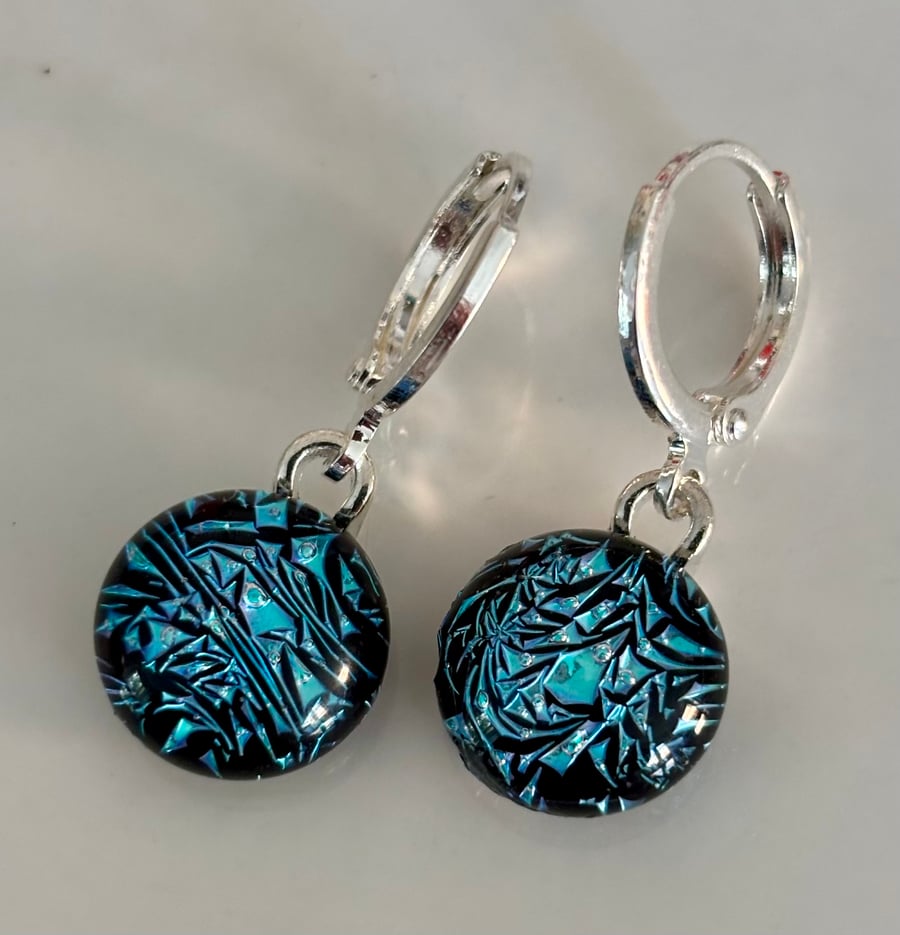 Blue Handmade Dichroic Fused Glass Sparkly Earrings - Ideal gift