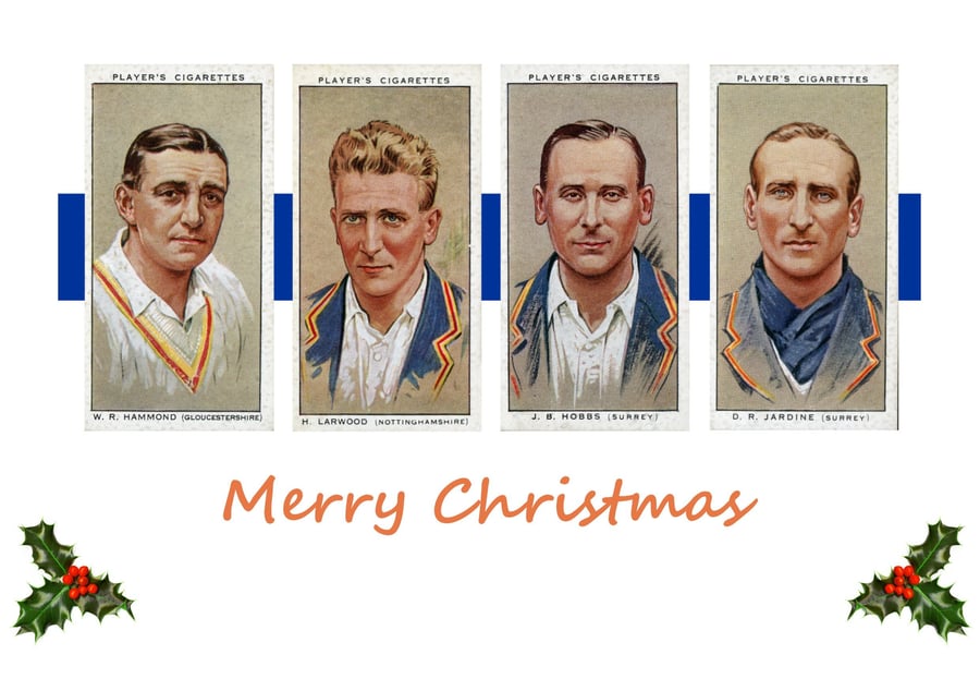 Cricket vintage 1934 design Christmas card. Design 1. Hammond, Larwood, Hobbs, J