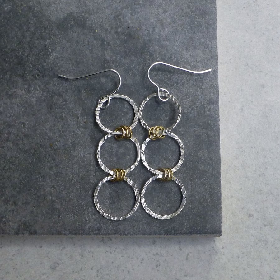 Recycled Sterling Silver Triple Circle Drop Earring with Gold Plated Wire
