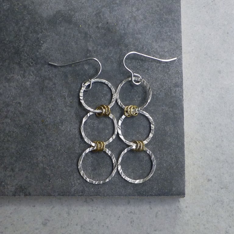 Recycled Sterling Silver Triple Circle Drop Earring with Gold Plated Wire
