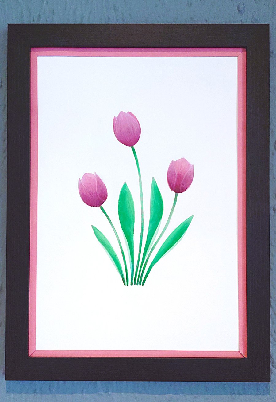 A3 Size Framed Print Painting Purple Tullips Flowers Colourful Pink Border