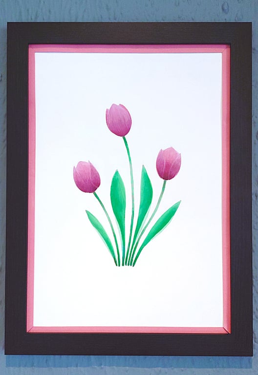 A3 Size Framed Print Painting Purple Tullips Flowers Colourful Pink Border
