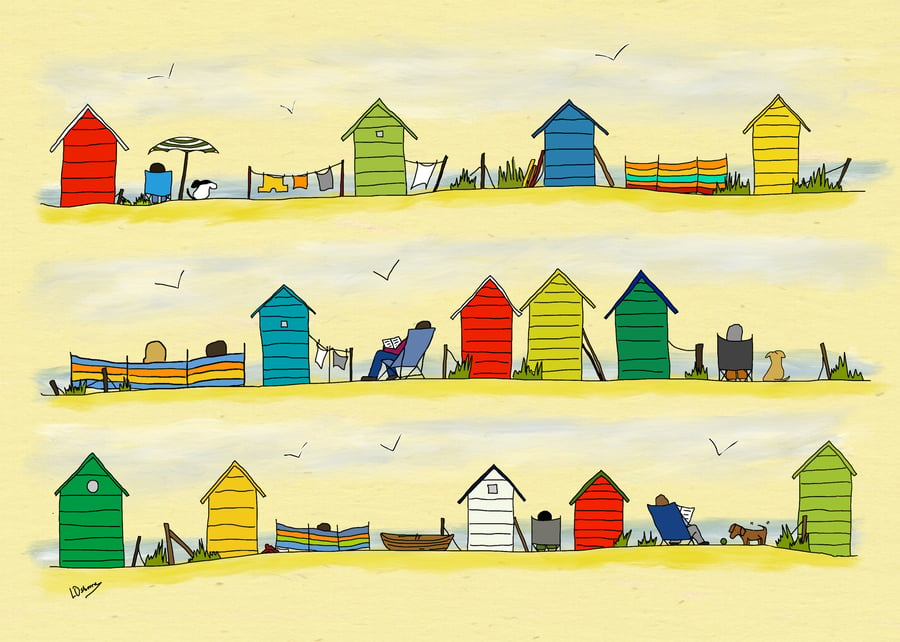 Beside the sea - print of digital illustration showing beach huts by the sea