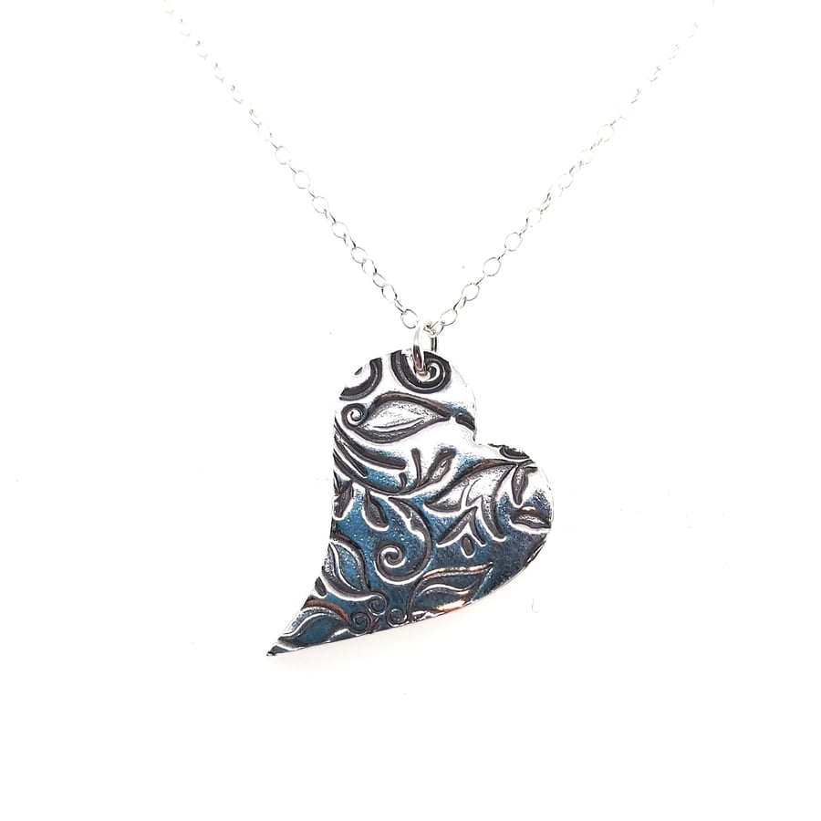 Silver patterned asymmetric heart pendant necklace - large