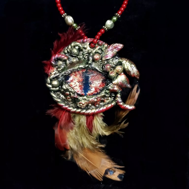 Dragon Eye Feathered Hanger (Red) OOAK Handcrafted 