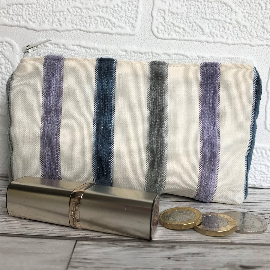 Large purse, coin purse in pale cream with textured stripes in lilac and blue