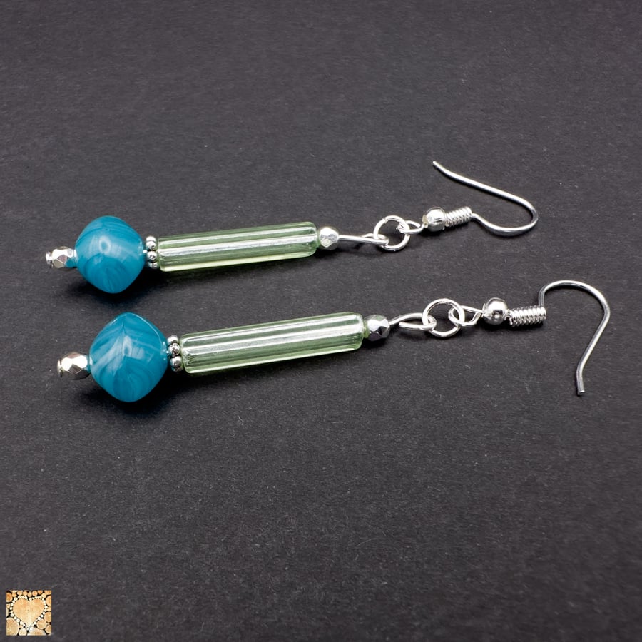 Turquoise and Green Bead Handmade Drop Earrings
