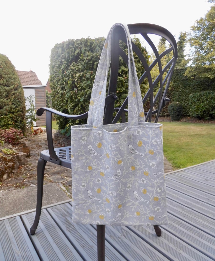 Tote bag long handles grey with birds and yellow blossom