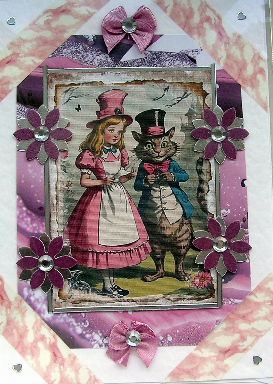 Cheshire Cat & Alice - Hand Crafted Decoupage Greeting Card - Blank 2848