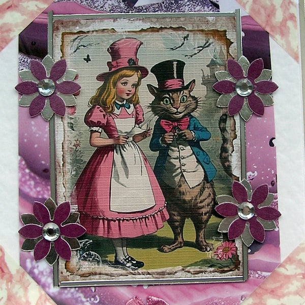 Cheshire Cat & Alice - Hand Crafted Decoupage Greeting Card - Blank 2848