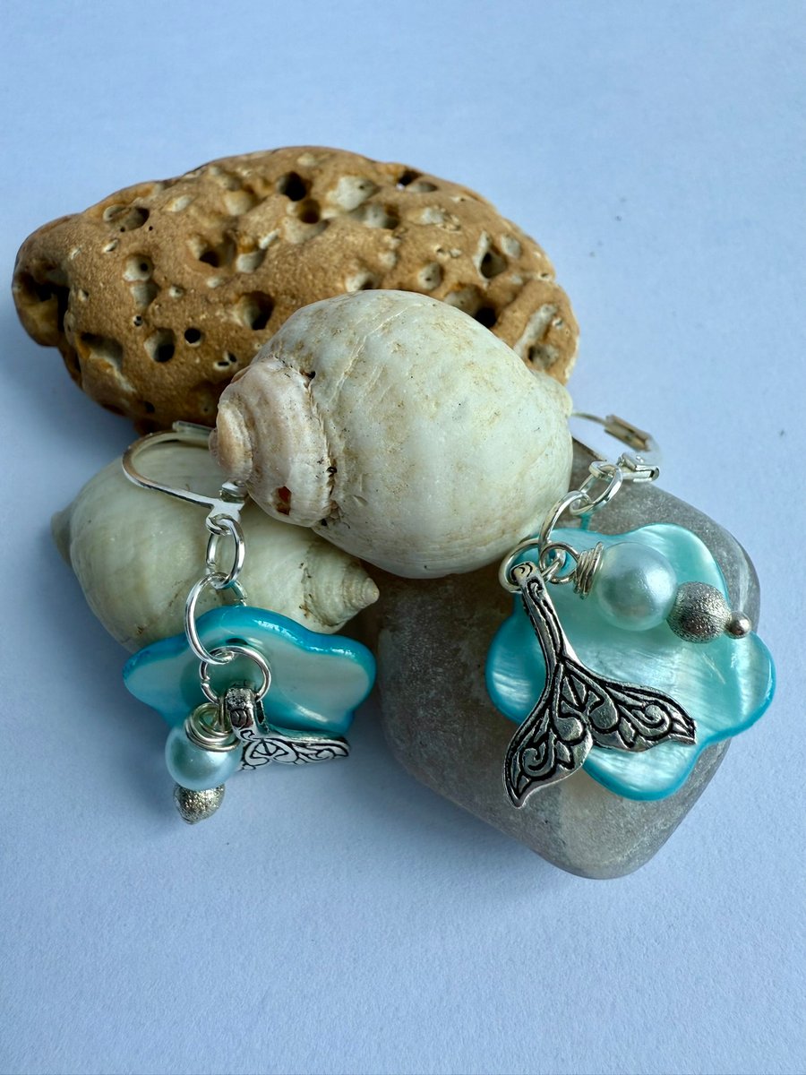 Faux Pearl, Mermaid Tail Drop Earrings. Ocean Vibe