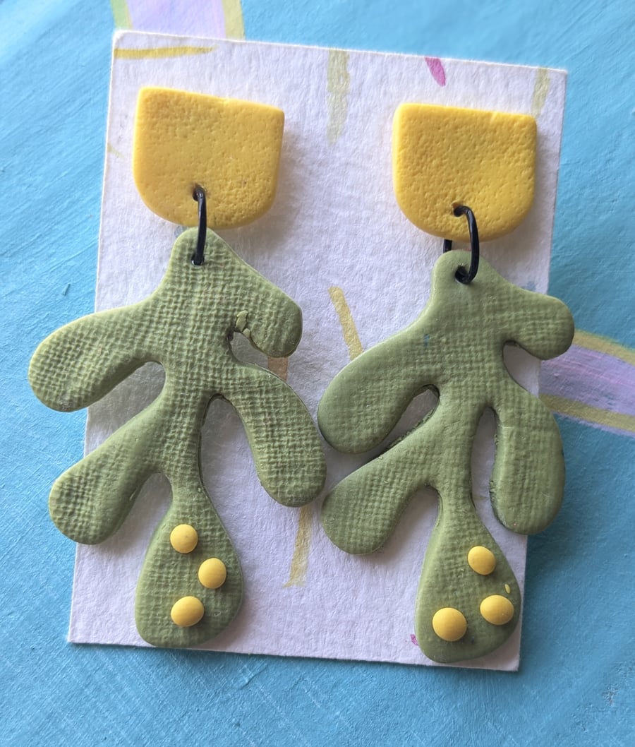  Green and yellow textured seaweed dangly earings 