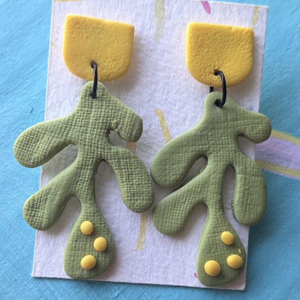  Green and yellow textured seaweed dangly earings 