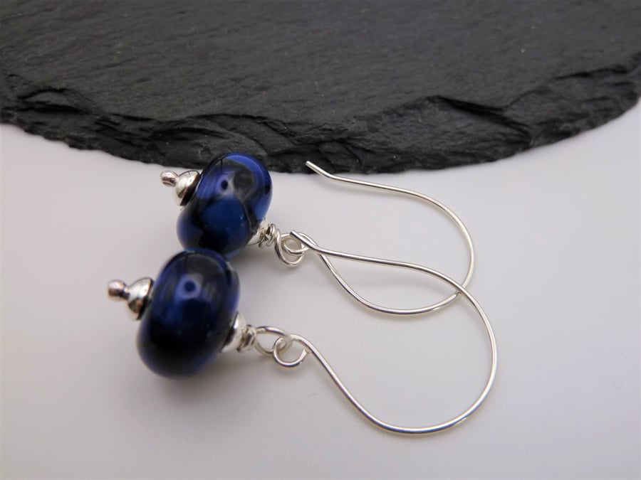 sterling silver earrings, black and blue lampwork glass jewellery