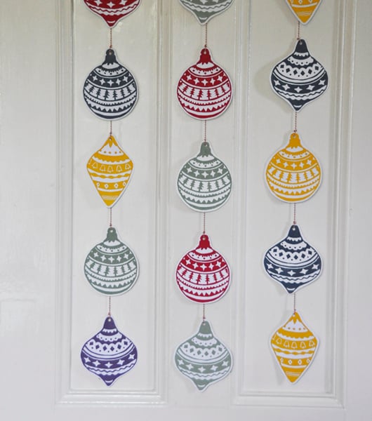 5 Bauble Christmas Garland. Hand printed Lino cut.