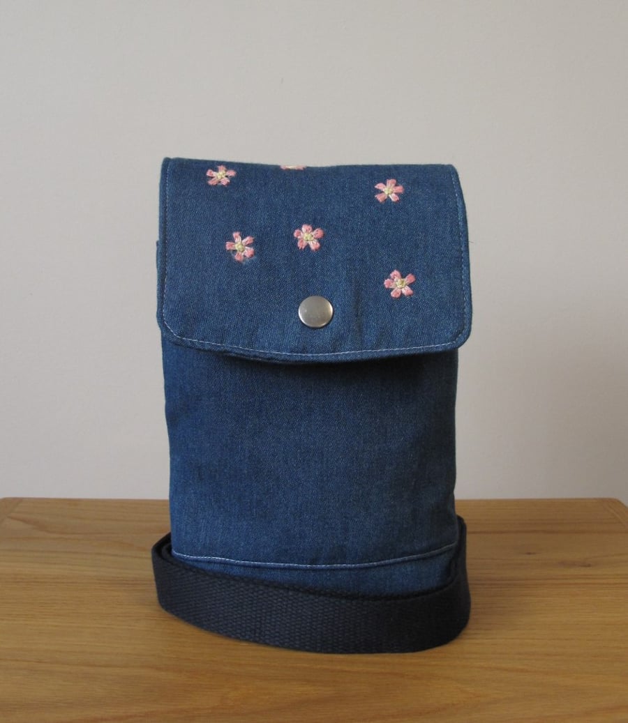Crossbody Bag, Mobile Phone, Dog Walking, Denim, Floral, Compact lightweight bag