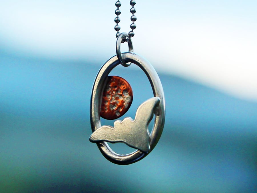 Recycled Silver and Copper Textured Bat and Blood Moon Pendant Necklace