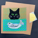 black cat with a silver fish free motion appliqué blank greetings card