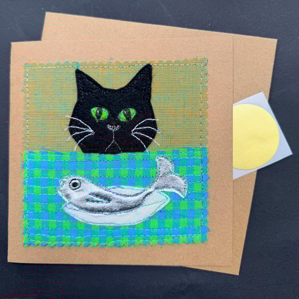 black cat with a silver fish free motion appliqué blank greetings card