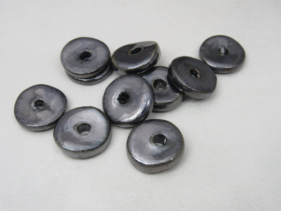 10 Medium Metallic Silver Glazed Ceramic Washer Beads