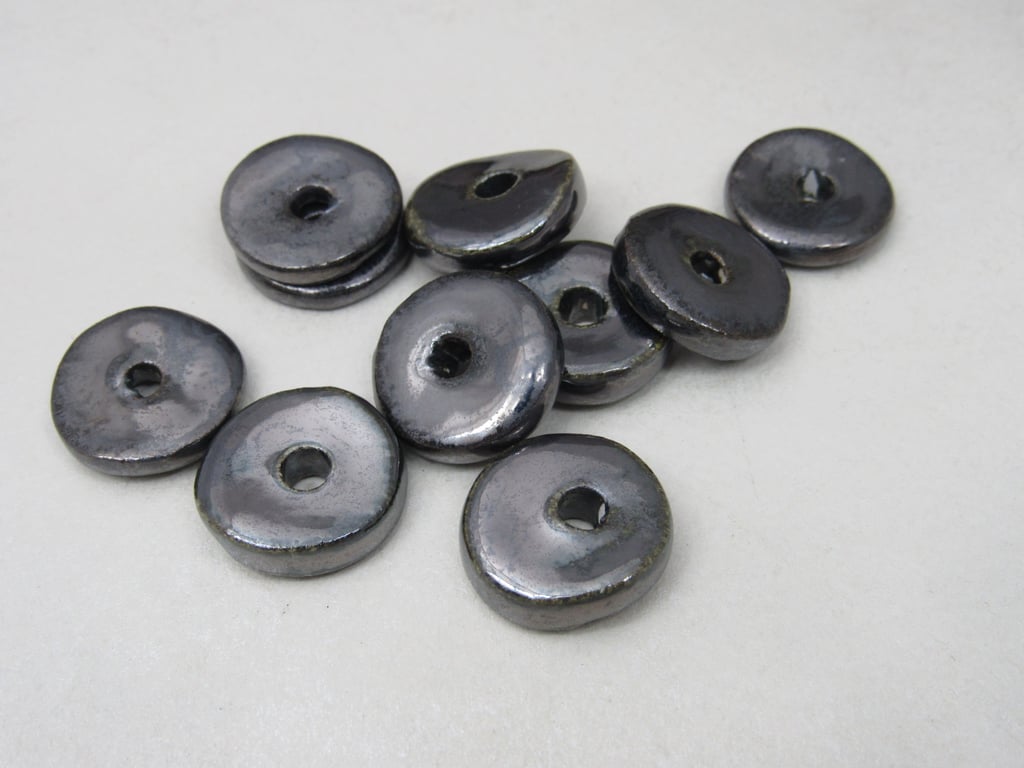 10 Medium Metallic Silver Glazed Ceramic Washer Beads