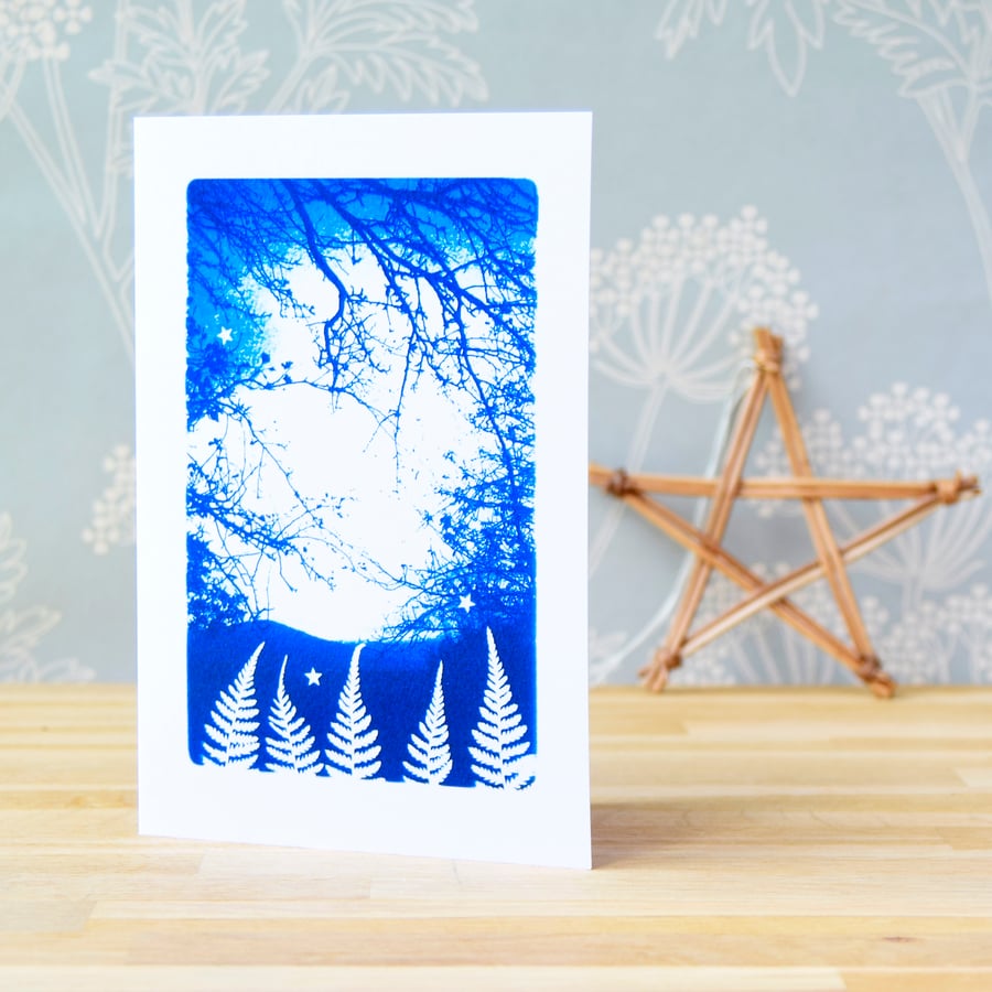 Christmas Card Magical Fern Forest Cyanotype Blue and White 