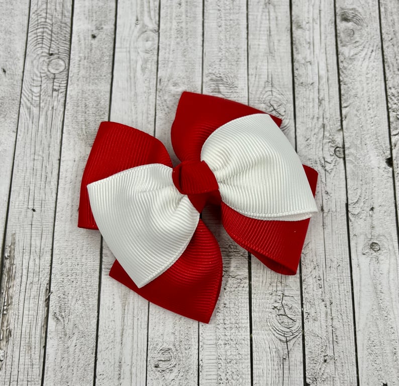 School Red and White Top Knot Bow on Clip