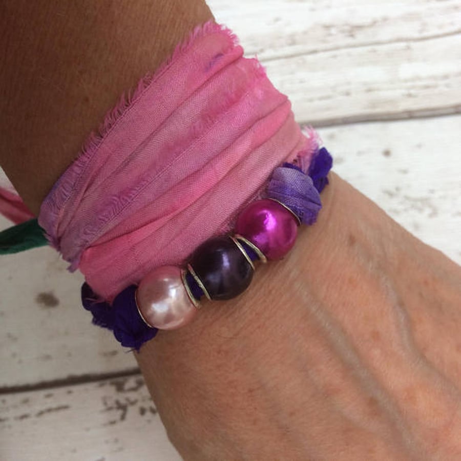 Sari Tie Dye Wrap Bracelet with Beads