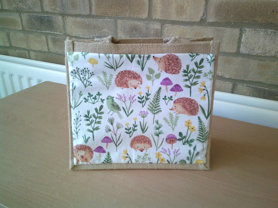 Hedgehogs amongst Foliage and Toadstools small jute bag