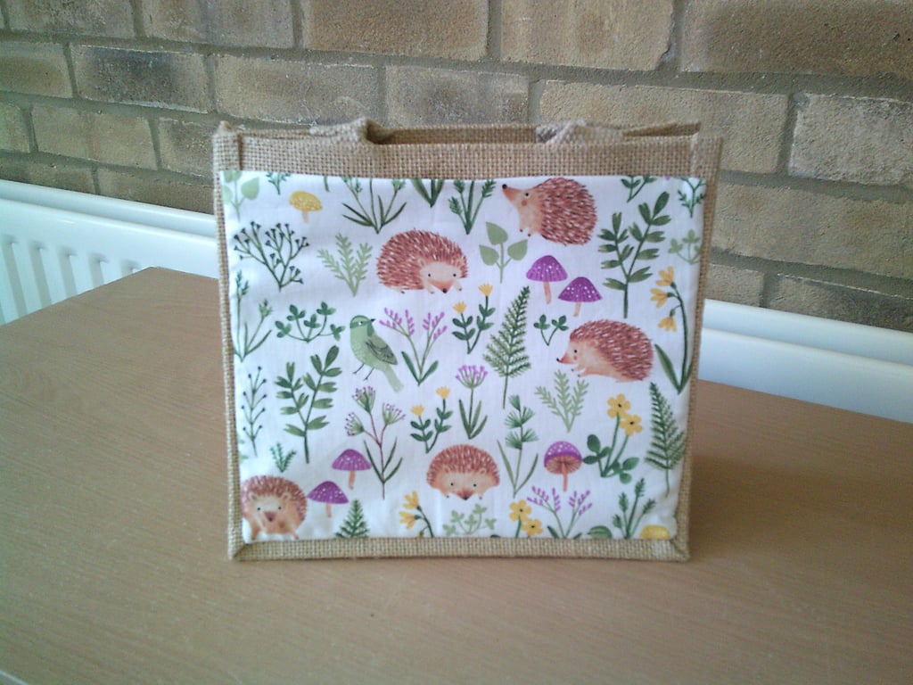 Hedgehogs amongst Foliage and Toadstools small jute bag