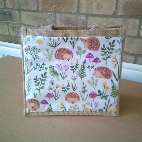 Hedgehogs amongst Foliage and Toadstools small jute bag