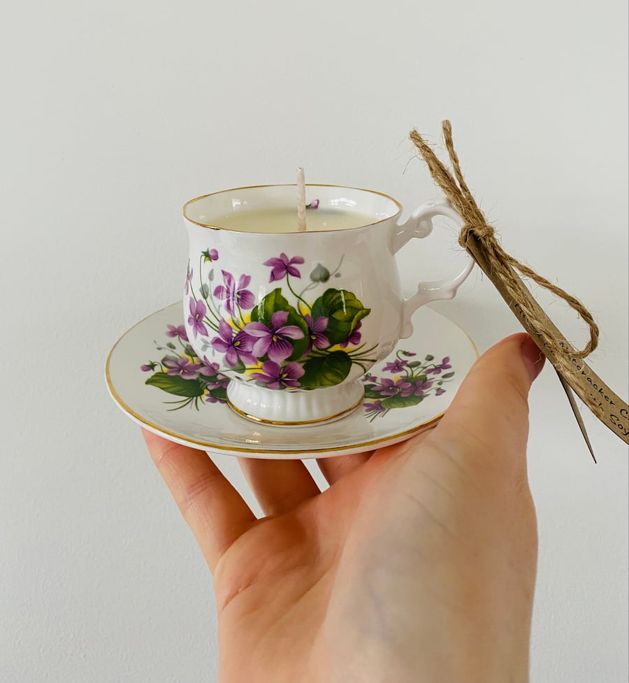 Mini Lily of the Valley Tea Cup Candle with Saucer
