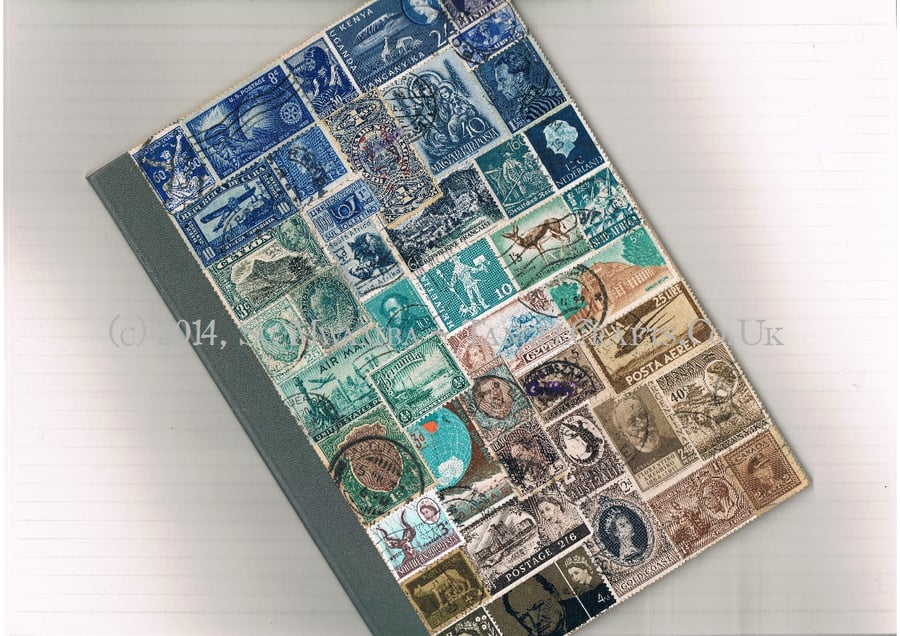 OOAK Seascape Collaged Notebook, medium - upcycled vintage world postage stamps