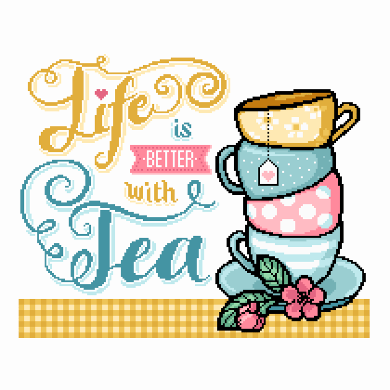 159A - Life is Better with Tea Cross Stitch Pattern Colorful Teacups (PDF Chart)