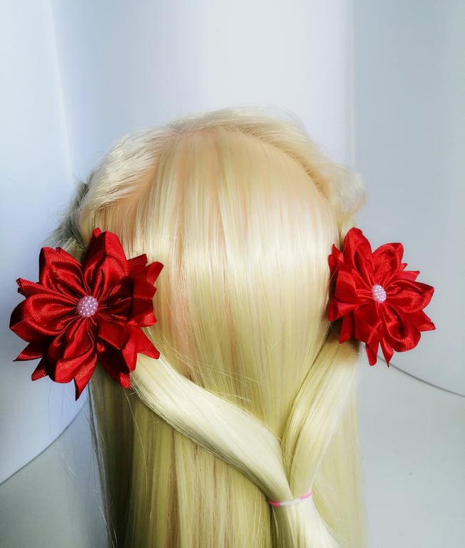 Red Satin Flower Hair Ties, Handmade Kanzashi Bobbles, Accessories for Girls